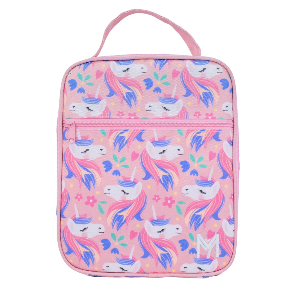 Montiico Enchanted Large Lunch Bag with a light pink background and covered in pastel unicorns, hearts and flowers