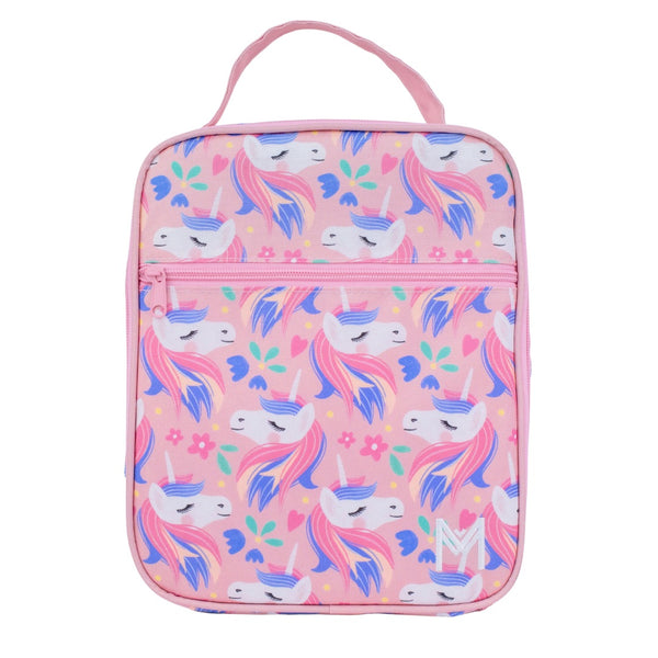 Montiico Enchanted Large Lunch Bag with a light pink background and covered in pastel unicorns, hearts and flowers