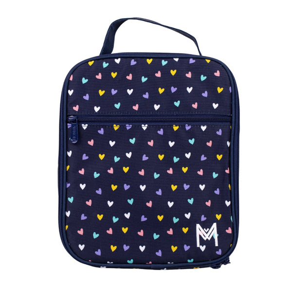Montiico Large Lunch Bag with a dark navy background covered in multi coloured hearts