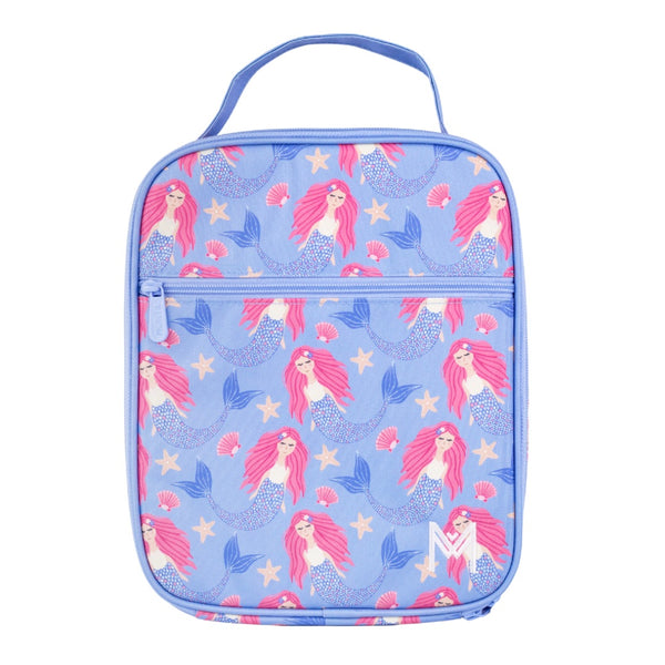 Montiico Mermaid Tales Large Lunch Bag that has a blue background covered in mermaids with pink hair and different shells