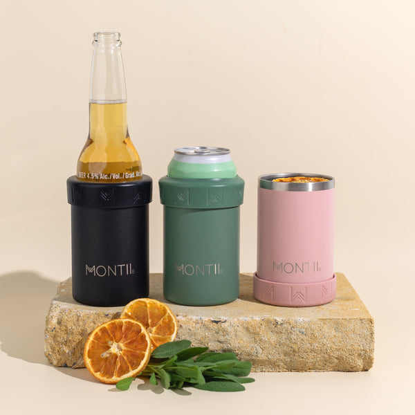 Montiico can and bottle coolers showing how to use them with a bottle, can or as a cup.