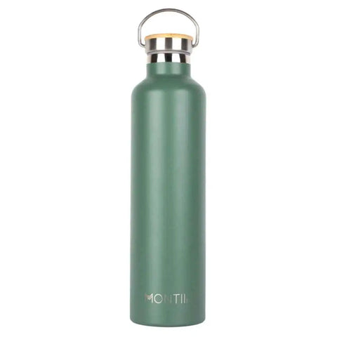 Montiico Mega Drink Bottle in the colour sage green with bamboo screw top lid