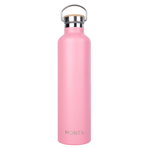 Montiico Mega Drink Bottle in the colour strawberry pink with bamboo screw top lid