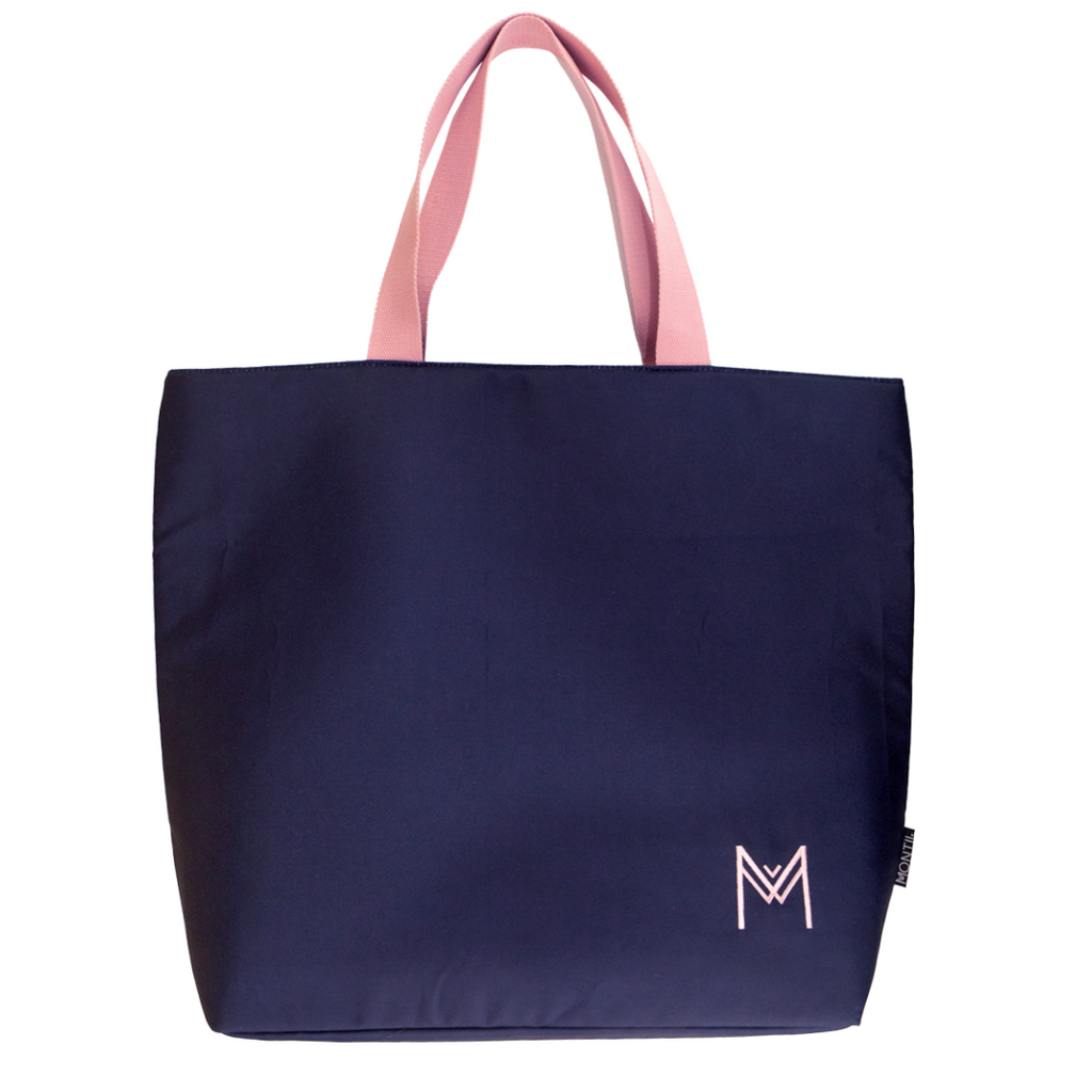 Montiico insulated tote bag in navy with pink handle