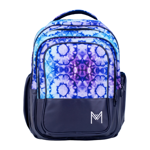 Montiico Backpack with tie-dye design in shades of blue, purple and white