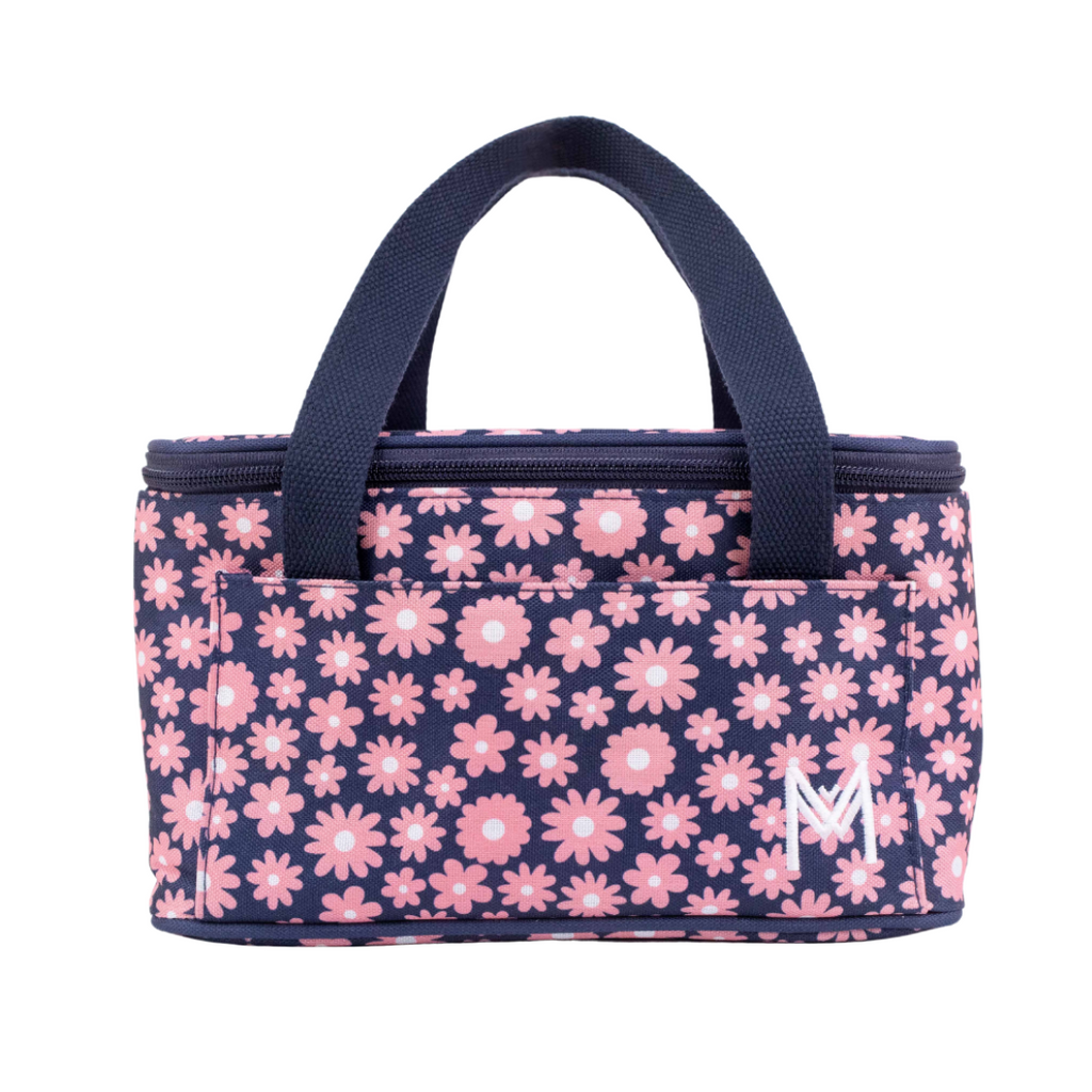 Montiico Insulated Cooler Bag in a background navy colour with pink daisy pattern