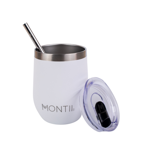 Montiico Insulated Tumbler in the colour chalk white with stainless steel straw and clear plastic lid