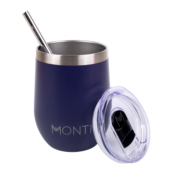 Montiico Insulated Tumber in the colour navy cobalt blue with stainless steel straw and clear plastic lid