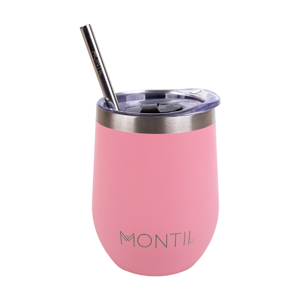Montiico Insulated Tumbler in the colour strawberry pink with stainless steel straw