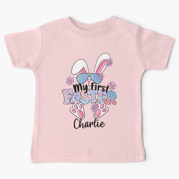 Short sleeved pink tshirt for a first easter with a bunny wearing sunglasses personalised with a name