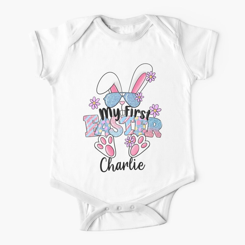 Short sleeved white baby onesie for a first easter with a bunny wearing sunglasses personalised with a name
