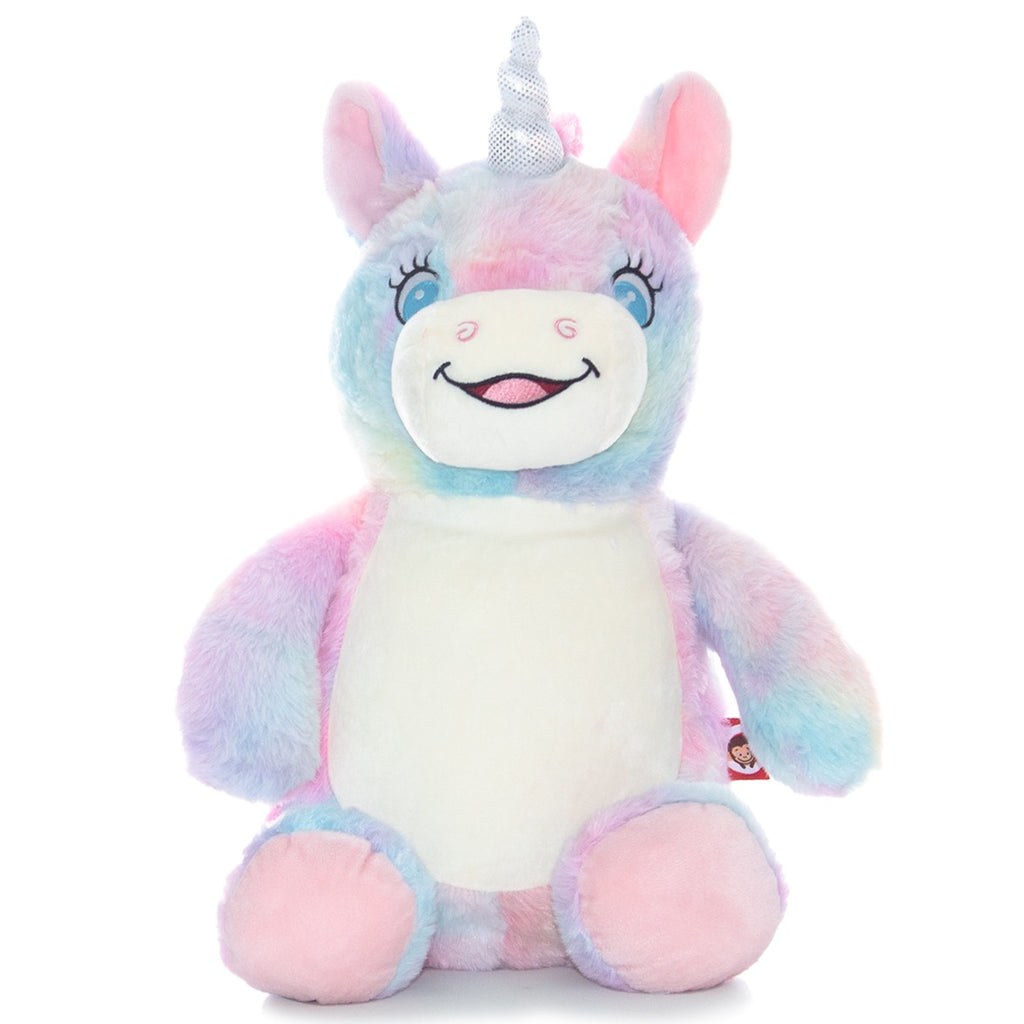 Unicorn plushie teddy in pastel rainbow colours with a white tummy ready to be personalised