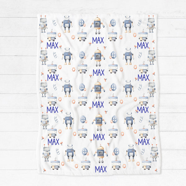 Personalised fleece minky blanket with a selection of different robots, springs and sprogs