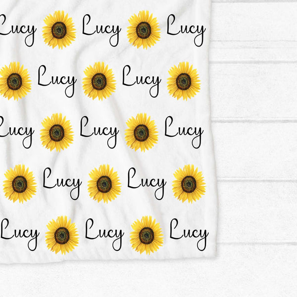 Personalised fleece minky blanket with large yellow sunflower heads