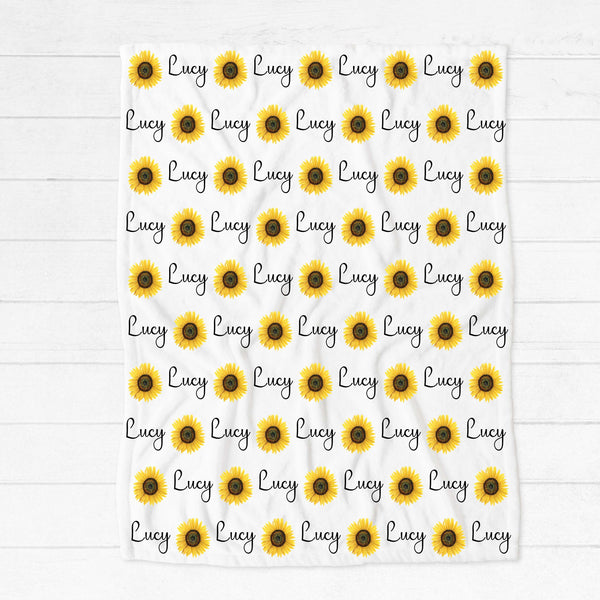 Personalised fleece minky blanket with large yellow sunflower heads