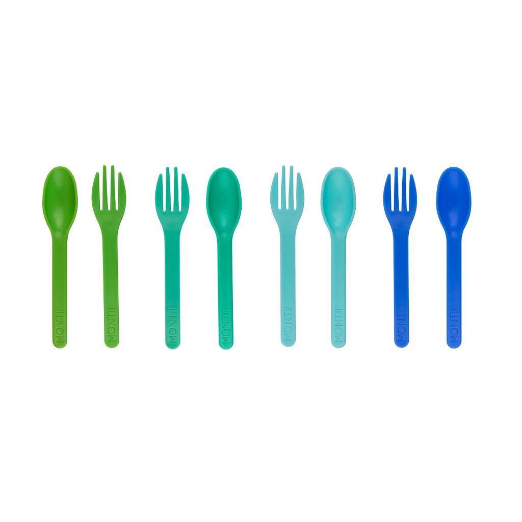 Montiico Cutlery Set that includes four pairs of fork and spoon cutlery sets in the colours lueberry, Iced Berry, Lime and Kiwi
