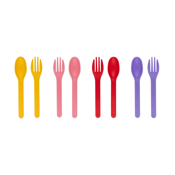 Montiico Cutlery Set that includes four pairs of fork and spoon cutlery sets in the colours yellow, pink ,red and purple