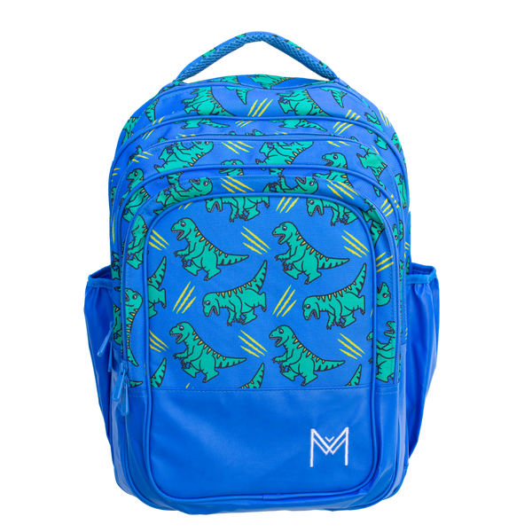 Montiico Backpack with a blue background covered in green dinosaurs and yellow claw marks