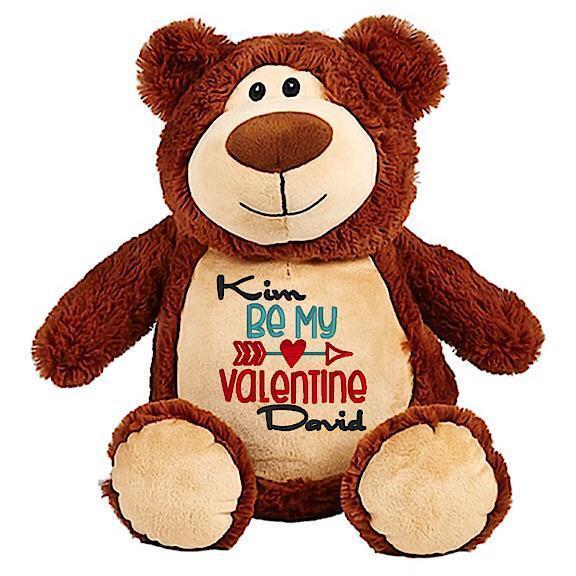 Brown bear plushie teddy with embroidered personalised be my valentine message for Valentines Day