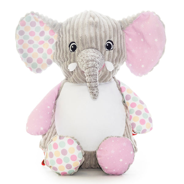 Grey elephant plushie teddy with accent fabric on legs, arms and ears of pink and white stars and pink, mint and yellow spots, with a white belly ready to be personalised