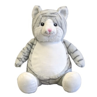 Light grey coloured cat with dark grey stripes plushie teddy with white legs, with a white belly ready to be personalised