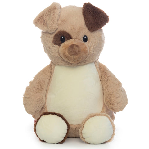 Light brown coloured dog plushie teddy with a dark brown right leg and left ear with a dark brown patch over the right ear, with a white belly ready to be personalised