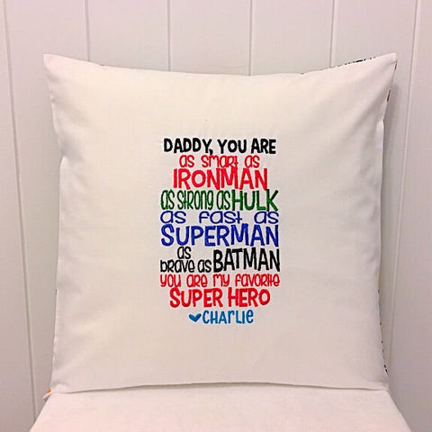 White cushion embroidered for a superhero dad for Fathers Day