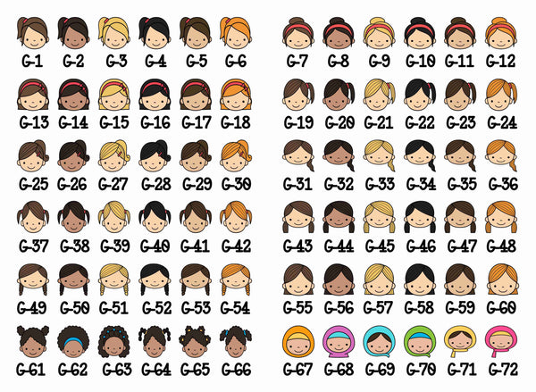 Graphic of girl faces in different hair styles and colours and skin colours to pick from for personalised blankets