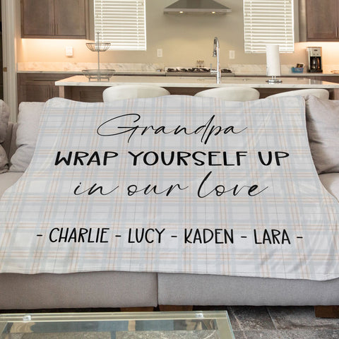 Personalised fleece minky blanket for grandpa, grandad, grandparent for fathers day with grandchildrens names included on a plaid background