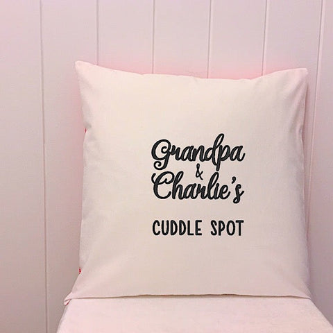 White cushion embroidered with Grandpa & Charlie's cuddle spot perfect for a personalised fathers day present