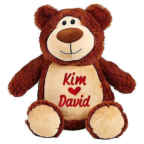 Brown bear plushie teddy with embroidered personalised kim heart David message for Valentines Day