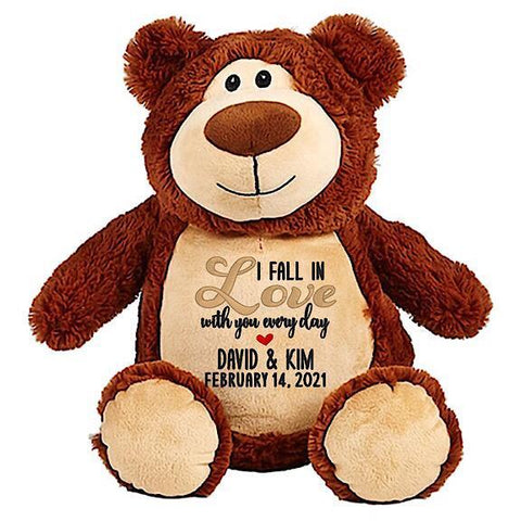 Brown bear plushie teddy with embroidered personalised I fall in love with you everyday  message for Valentines Day