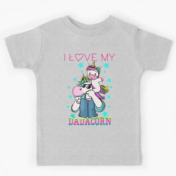 Light grey short sleeved kids tshirt with a muscly white father unicorn wearing a denim button down shirt with a baby unicorn on his shoulders with the words I love my dadacorn underneath