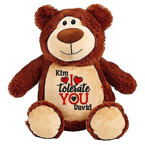 Brown bear plushie teddy with embroidered personalised I Tolerate You message for Valentines Day