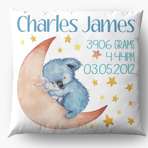 Blue Koala Personalised Birth Announcement Cushion