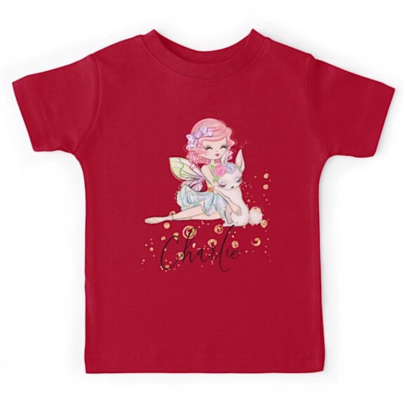 Red short sleeved tshirt with a fairy girl cuddling a white easter bunny, personalised with a name