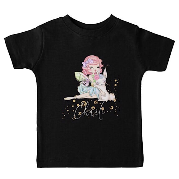 Black short sleeved tshirt with a fairy girl cuddling a white easter bunny, personalised with a name