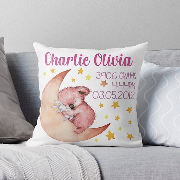 Pink Koala Birth Announcement Cushion