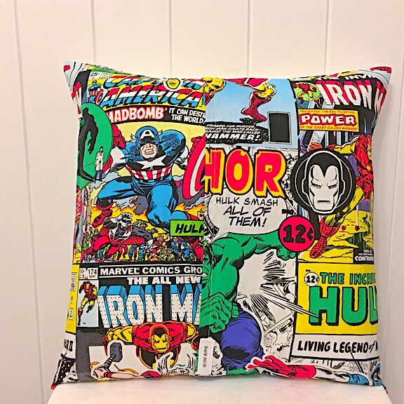 Back of cushion showing superhero comic drawings