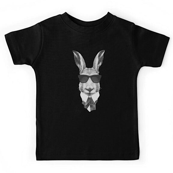 Black short sleeved tshirt with a bunny head earring sunglasses, personalised with a name