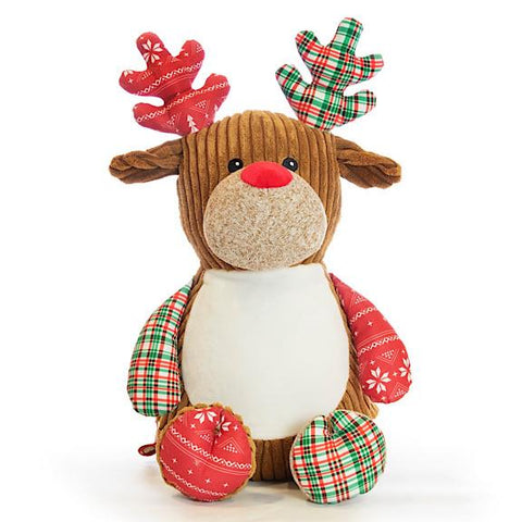 Brown reindeer plushie teddy with antlers and legs in accent fabric of red and white tartan and red, white and green tartan with a white belly ready to be personalised