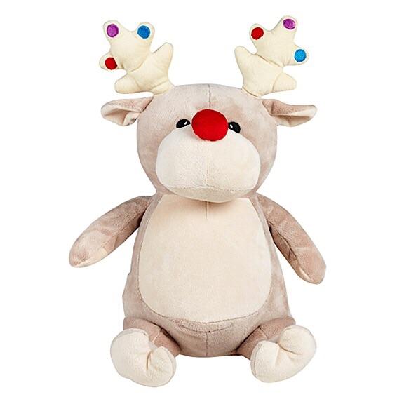Beige and cream reindeer plushie teddy with cream antlers with red, purple and blue dots with a cream belly ready to be personalised