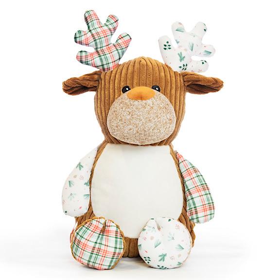 Brown reindeer plushie teddy with antlers and legs in accent fabric of white and green foliage and red, white and green tartan with a white belly ready to be personalised