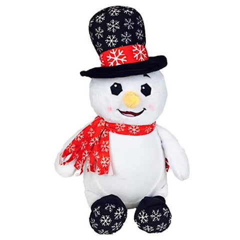 White snowman plushie teddy with red and white snowflake scarf and black with white snowflake tophat and feet with a white belly ready to be personalised