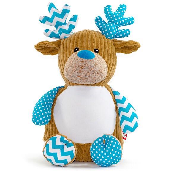 Brown reindeer plushie teddy with antlers and legs in accent fabric of blue and white chevron and blue and white spots with a white belly ready to be personalised