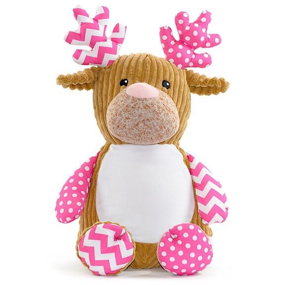 Brown reindeer plushie teddy with antlers and legs in accent fabric of pink and white chevron and pink and white spots with a white belly ready to be personalised