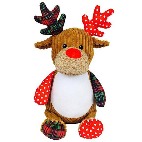 Brown reindeer plushie teddy with antlers and legs in accent fabric of red and white spot and red and green tartan with a white belly ready to be personalised