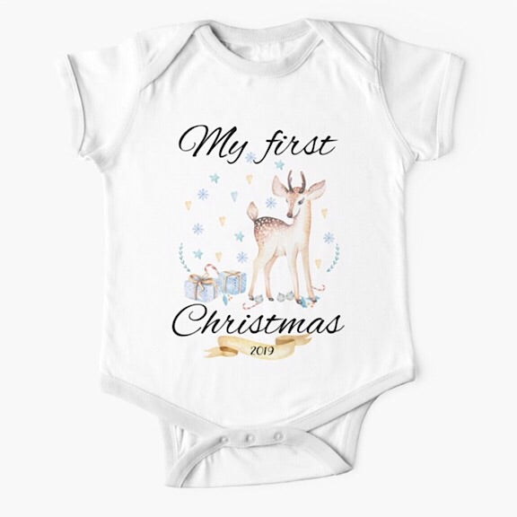 Personalised white short sleeved baby onesie bodysuit for first Christmas with a vintage styled deer surrounded by Christmas presents and gifts
