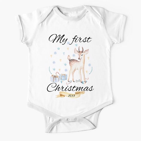Personalised white short sleeved baby onesie bodysuit for first Christmas with a vintage styled deer surrounded by Christmas presents and gifts