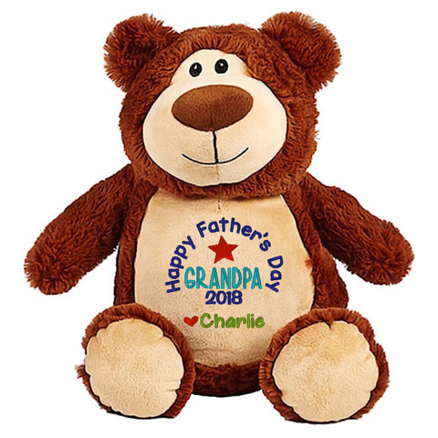 Brown Shaggy Teddy Bear Plushie with light brown belly embroidered with Happy Father's Day Grandpa personalised with the names of the grandchildren